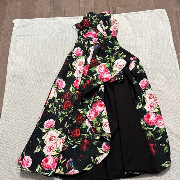 Sherri Hill Black Dress  with Red and Pink Floral Design - Picture 4 of 12